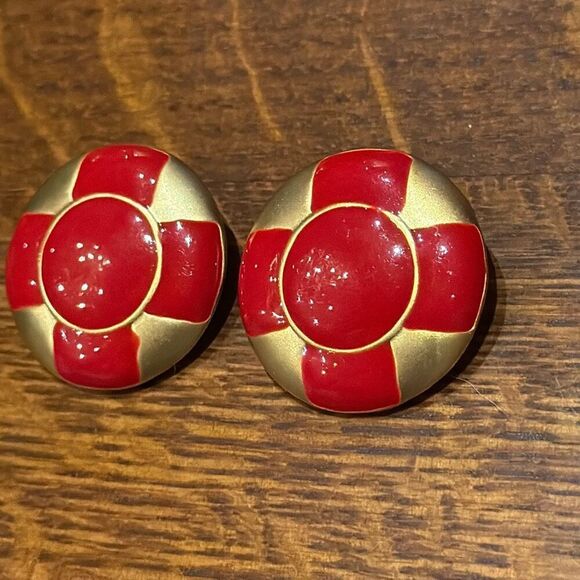 Vintage Gold Tone Red Enamel Coastal Clip On Earrings USA - Picture 1 of 12